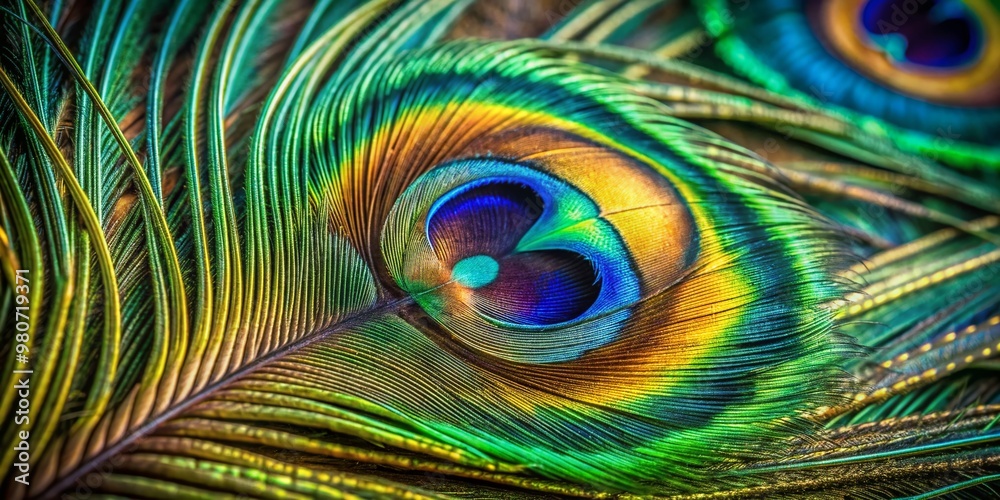 Obraz premium Vibrant iridescent peacock feather close-up showcases intricate eye-like patterns, shimmering blues and greens, and delicate barbs, capturing nature's stunning beauty and perfection.