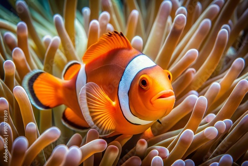 Vibrant orange and white clownfish peek out from between delicate sea anemone tentacles, showcasing striking stripes and intricate marine details in warm, shallow water. photo