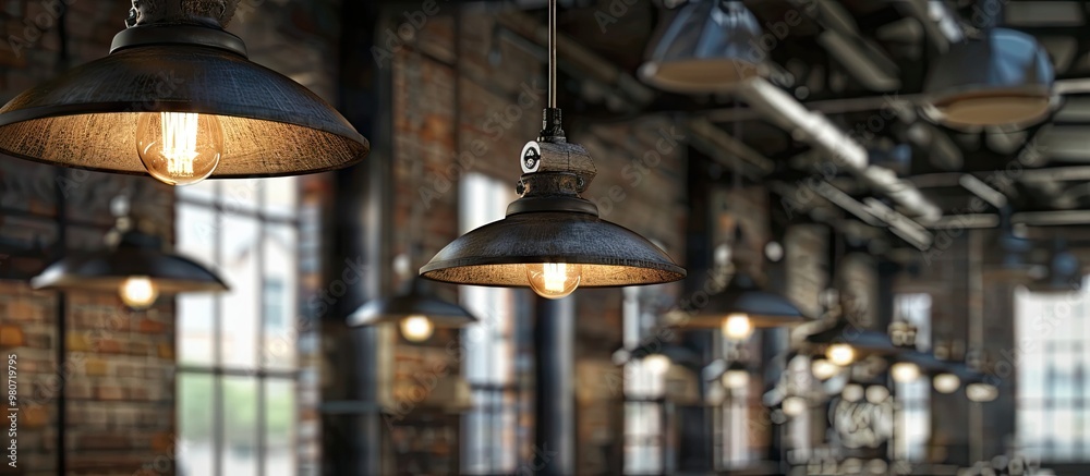 Capture the essence of industrial design with a picture showing pendant ceiling lights blending metal fixtures with vintage bulbs for a rugged yet stylish appearance in the copy space image Capture the essence of industrial design with a picture showing pendant ceiling lights blending metal fixtures with vintage bulbs for a rugged yet stylish appearance in the copy space image