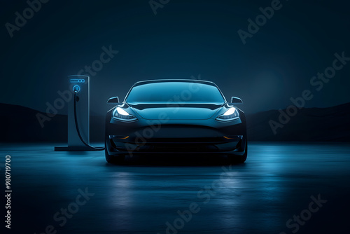 Electric vehicle connected to charging station, highlighting eco-friendly technology.