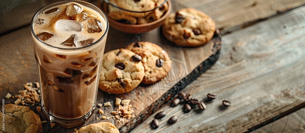 Fototapeta premium A glass of iced coffee being served with milk alongside sweet cookies on a rustic wooden surface with copy space image available