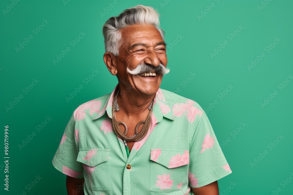 Portrait of a joyful indian man in his 80s sporting a vintage band t-shirt in soft green background Portrait of a joyful indian man in his 80s sporting a vintage band t-shirt in soft green background