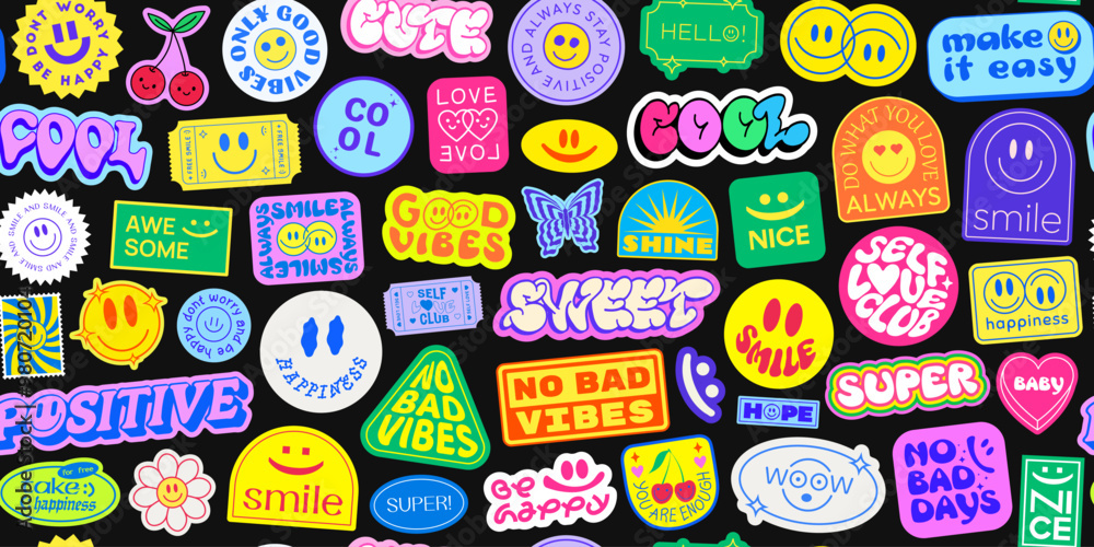 Cool Y2K Stickers Collage Pattern Background. Trendy Pop Art Patches Vector Design. Groovy Smile Badges. Cool Y2K Stickers Collage Pattern Background. Trendy Pop Art Patches Vector Design. Groovy Smile Badges.