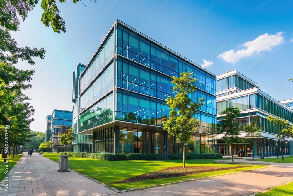 Office building exterior, in the city center, downtown.