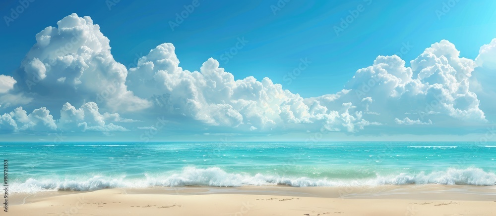 Fototapeta premium Scenic tropical beach with a blue sky and white clouds providing a picturesque backdrop perfect for summer vacation and holiday business travel concepts Incorporates copy space image