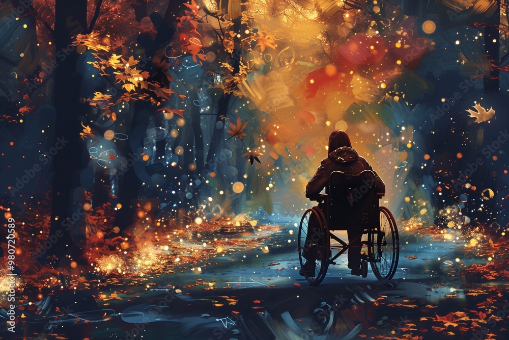 Naklejka premium A person with a disability sits in a wheelchair, taking in the beauty of autumn foliage in a tranquil park, surrounded by colorful leaves