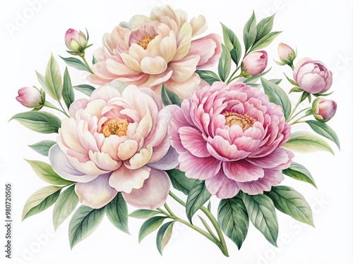 Delicate, hand-painted peonies in soft pastel hues, intricately illustrated with gentle brushstrokes, isolated on a white background, perfect for floral decorations and designs.