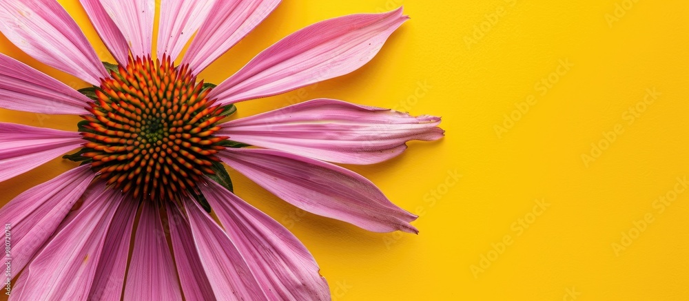 Obraz premium Top down view of a coneflower or Echinacea purpurea with a yellow backdrop providing room for text alongside the image. with copyspace image