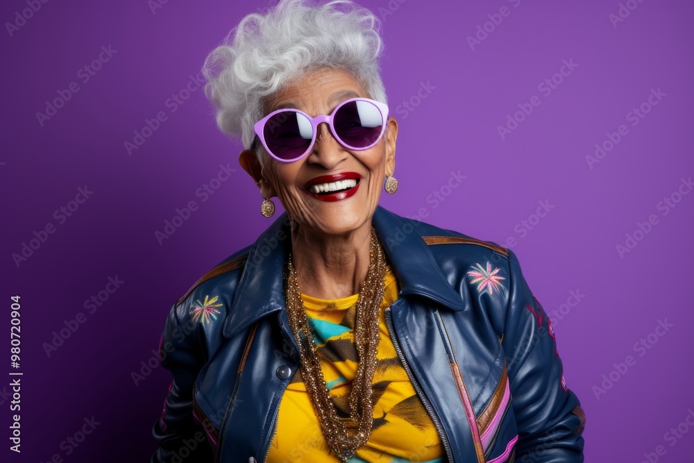 Portrait of a blissful indian woman in her 80s sporting a stylish varsity jacket isolated on soft purple background Portrait of a blissful indian woman in her 80s sporting a stylish varsity jacket isolated on soft purple background