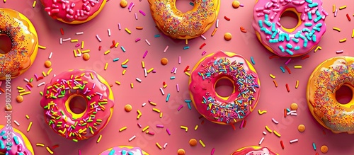 Colorful donut sprinkles creating a playful rainbow pattern on a sweet glaze background with small vermicelli details for text in a mockup. with copyspace image photo