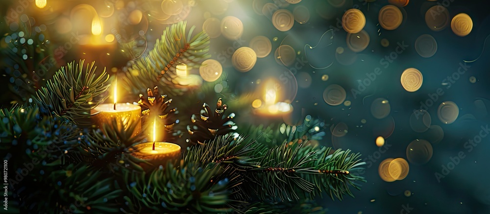 Festive Christmas card design featuring a fir branch adorned with glowing candles and room for text in the copy space image Festive Christmas card design featuring a fir branch adorned with glowing candles and room for text in the copy space image