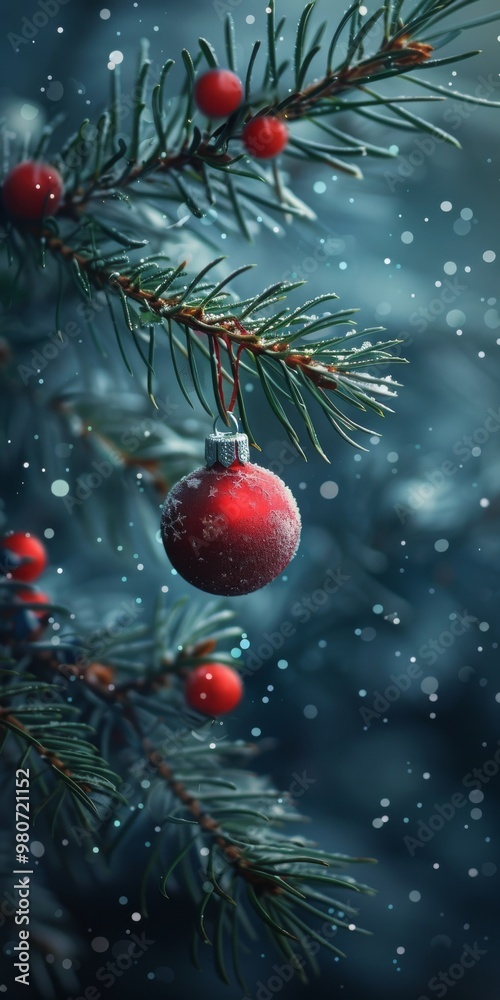 Bringing charm and festive cheer, a snowcovered Christmas tree branch adorned with red ornaments embodies the joy of the season, adding a wonderful touch to the celebratory atmosphere Bringing charm and festive cheer, a snowcovered Christmas tree branch adorned with red ornaments embodies the joy of the season, adding a wonderful touch to the celebratory atmosphere