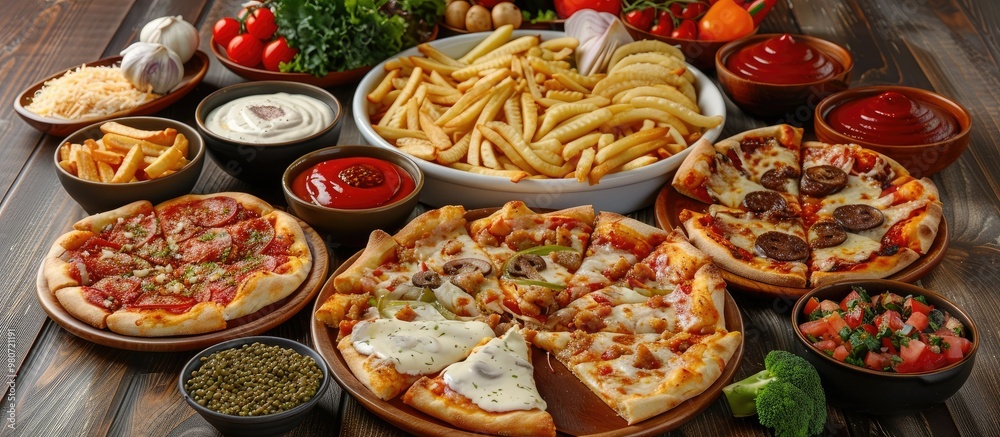 Fototapeta premium A tabletop spread with a variety of Turkish pizzas and side dishes accompanied by white sauce ketchup and french fries with copy space image