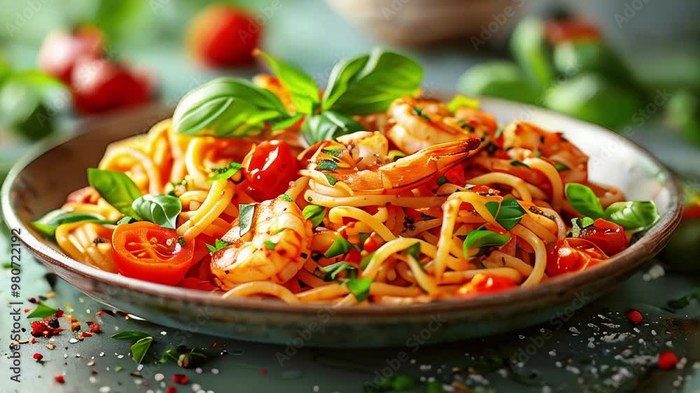 Pasta with shrimp, cherry tomatoes and basil leaves Pasta with shrimp, cherry tomatoes and basil leaves