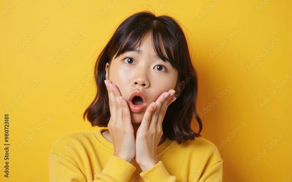 Young asian japanese woman surprised or shocked facial expression, on a yellow background Young asian japanese woman surprised or shocked facial expression, on a yellow background