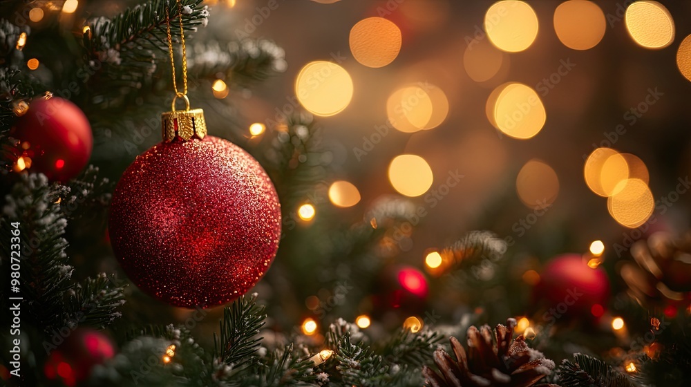 Chirstmas tree and lights and background. gold Red bobble decoration Chirstmas tree and lights and background. gold Red bobble decoration