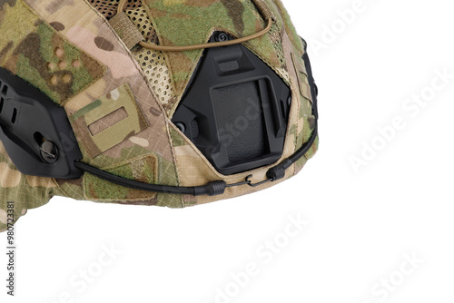 camouflage military helmet white background photo