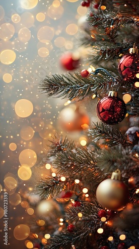 Chirstmas tree and lights and background. gold Red bobble decoration