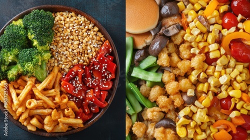 A visually compelling comparison of a vibrant vegetable stir-fry and a pile of greasy fast food items, with each side showcasing its own style