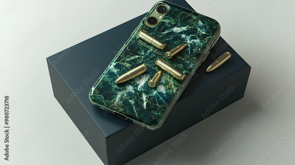 Bullet and Marble-Themed Smartphone Case with Ammunition Displayed on a Dark Box