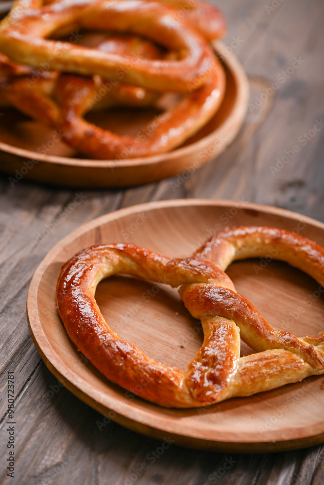 A warm, golden-brown pretzel placed on a round wooden plate, showing its crispy crust and soft texture. The rustic wooden table enhances the simple yet delicious look of this freshly baked treat A warm, golden-brown pretzel placed on a round wooden plate, showing its crispy crust and soft texture. The rustic wooden table enhances the simple yet delicious look of this freshly baked treat