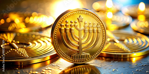 Stunning Macro Shot of Hanukkah Gelt with Reflective Gold Surface and Futuristic Engravings - Captivating Visuals for Modern Celebrations photo