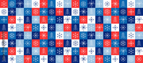 Seamless pattern snowflakes, stars, and festive ornaments. Flat design minimalist geometric shapes with a Scandinavian style. Holiday decorations, posters, and digital backdrops. Vector Illustration