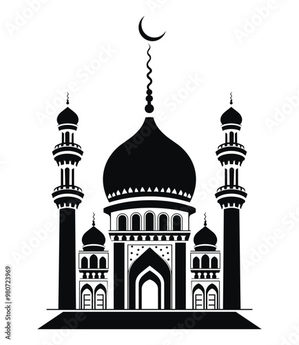 Black and white silhouette of a mosque with a crescent moon. Vector illustration