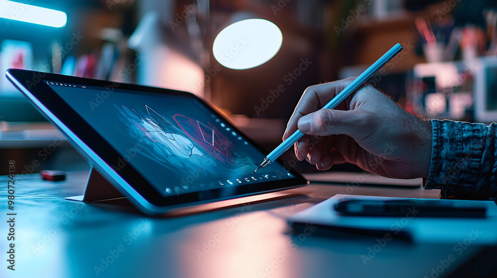 Obraz premium A person is drawing on a tablet with a pen