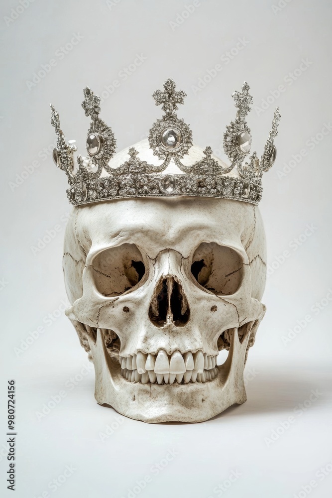 A human skull adorned with a minimalist platinum crown set on a clean white background with high-key lighting A human skull adorned with a minimalist platinum crown set on a clean white background with high-key lighting
