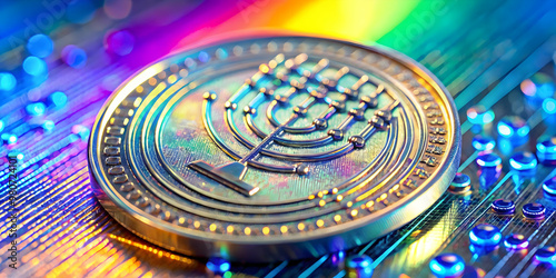 Macro Shot of Futuristic Hanukkah Gelt with Holographic QR Code: A Detailed Close-Up Blending Tradition and Technology - Unique Photo Stock Concept photo