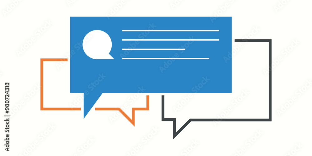 A blue speech bubble with white lines and a white speech bubble inside, is surrounded by orange and grey speech bubbles. Vector illustration A blue speech bubble with white lines and a white speech bubble inside, is surrounded by orange and grey speech bubbles. Vector illustration