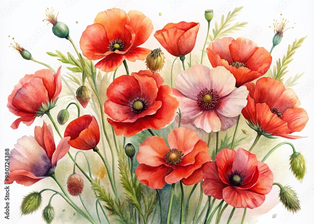 Delicate watercolor frame surrounds a vibrant bouquet of red poppy flowers, softly swaying on stems, set against a gentle, creamy white backgrounds. Delicate watercolor frame surrounds a vibrant bouquet of red poppy flowers, softly swaying on stems, set against a gentle, creamy white backgrounds.