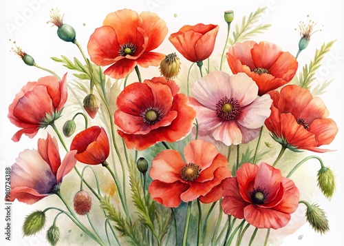 Delicate watercolor frame surrounds a vibrant bouquet of red poppy flowers, softly swaying on stems, set against a gentle, creamy white backgrounds.