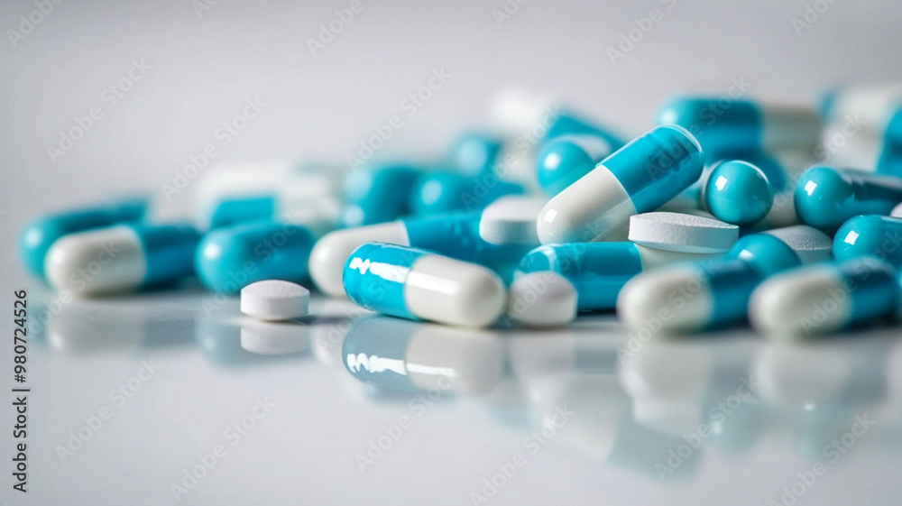 A pile of blue and white pills on a white surface A pile of blue and white pills on a white surface