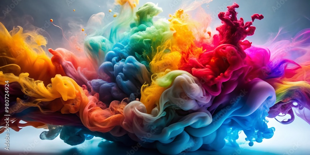 Obraz premium Vibrant splash of ink in water creates a mesmerizing abstract background with acrylic paint and smoke effects, resembling a liquid watercolor art piece.