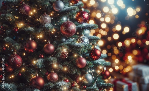 Christmas Tree With Baubles And Blurred Shiny Light