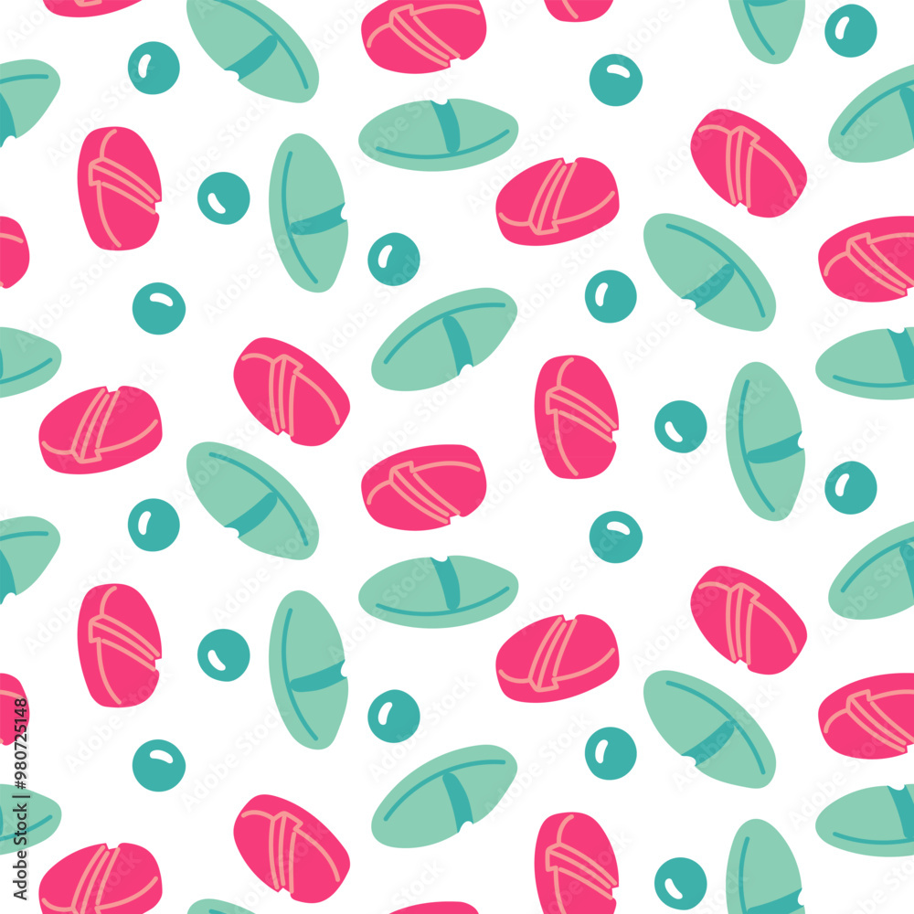 A pattern with various medical pills, capsules in a flat style, painted on the side. Seamless texture of various pill icons, pink and blue in different shapes. hand-drawn colored medicines on a white A pattern with various medical pills, capsules in a flat style, painted on the side. Seamless texture of various pill icons, pink and blue in different shapes. hand-drawn colored medicines on a white