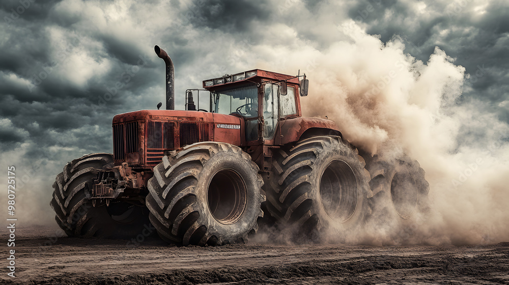 Obraz premium Heavy-Duty Rusty Tractor Emitting Smoke in a Muddy Field Under Cloudy Skies