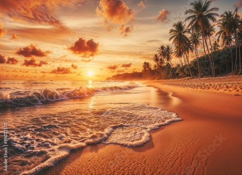 Closeup sea sand beach. Panoramic beach landscape. Inspire tropical beach seascape horizon. Orange and golden sunset sky calmness tranquil relaxing sunlight summer mood. Vacation travel holiday banner