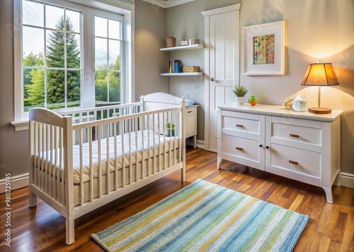 A baby's nursery featuring a white crib with safety rails, outlet covers, latches on cabinets, and a non-slip photo