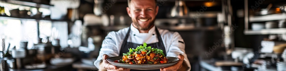Chef presenting a colorful dish in a gourmet kitchen Chef presenting a colorful dish in a gourmet kitchen