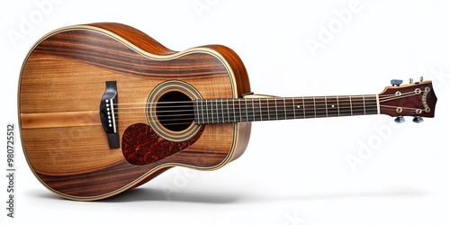A beautifully crafted acoustic guitar with intricate string details and a rich wood grain finish, set against a photo