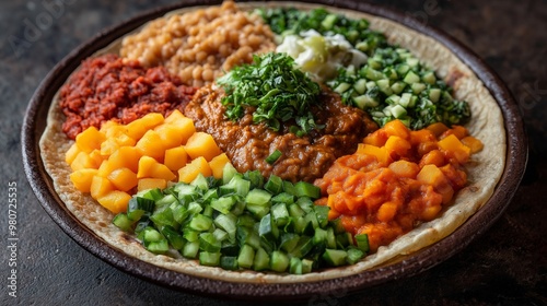 Colorful plate of Ethiopian injera with assorted stews and fresh vegetables in a cozy restaurant bathed in daylight photo