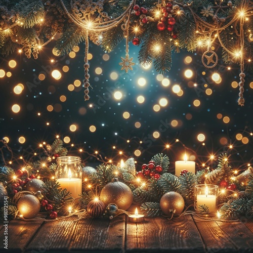  holiday illumination and decoration concept Christmas garland bokeh lights over dark blue