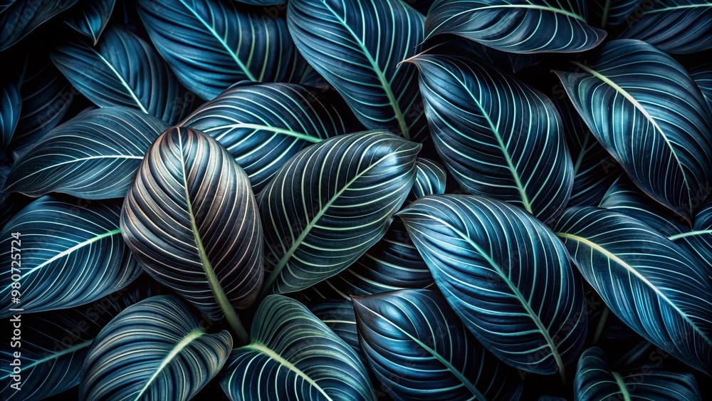 Dark, mysterious closeup of tropical black leaves with intricate veins, showcasing a stunning abstract nature pattern in a moody, dramatic, high-contrast tone. Dark, mysterious closeup of tropical black leaves with intricate veins, showcasing a stunning abstract nature pattern in a moody, dramatic, high-contrast tone.