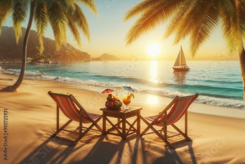 two chairs on sandy beach, sunny day color