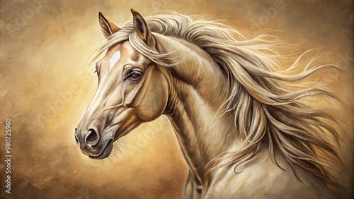 A beautifully rendered pencil drawing of a majestic horse's head, with intricate details and expressive eyes, set photo