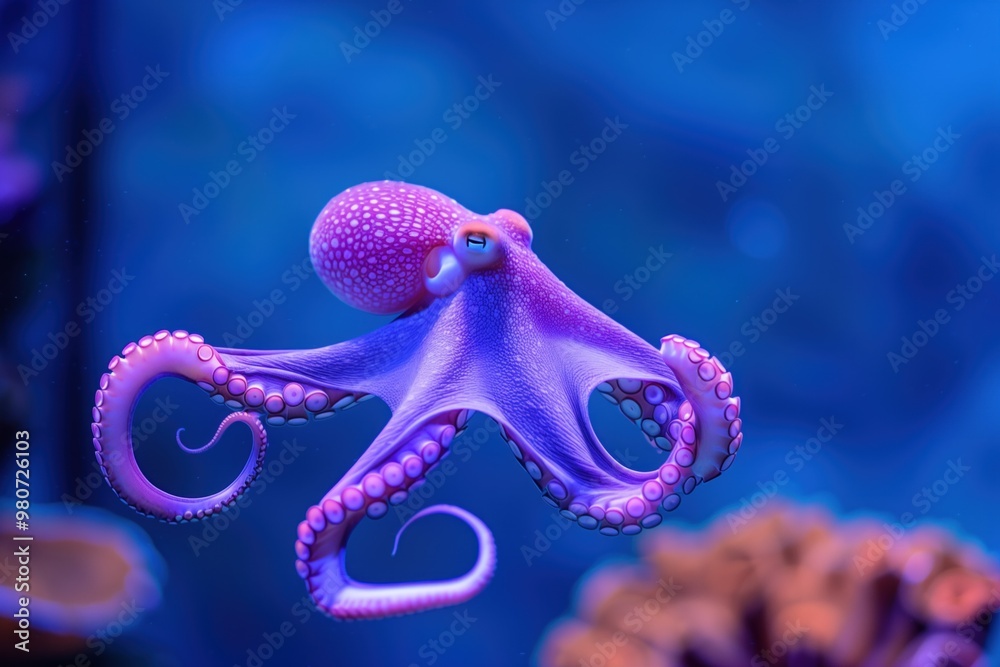 Vibrant Pink and Purple Octopus Swimming in Blue Ocean Water. Vibrant Pink and Purple Octopus Swimming in Blue Ocean Water.