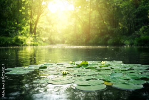 A calm river at sunset, with vibrant colors reflecting on the water and a silhouette of trees along the riverbank. Perfect for promoting relaxation and tranquility